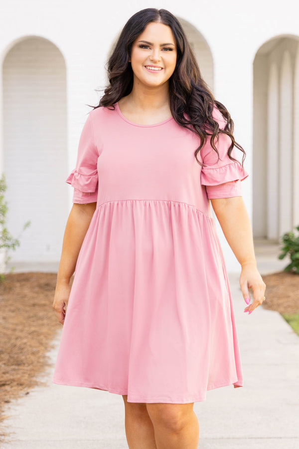 Chic Soul plus size clothing, pink short sleeve ruffle dress 
