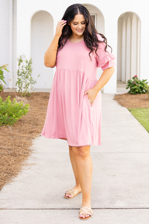 Chic Soul plus size clothing, pink short sleeve ruffle dress