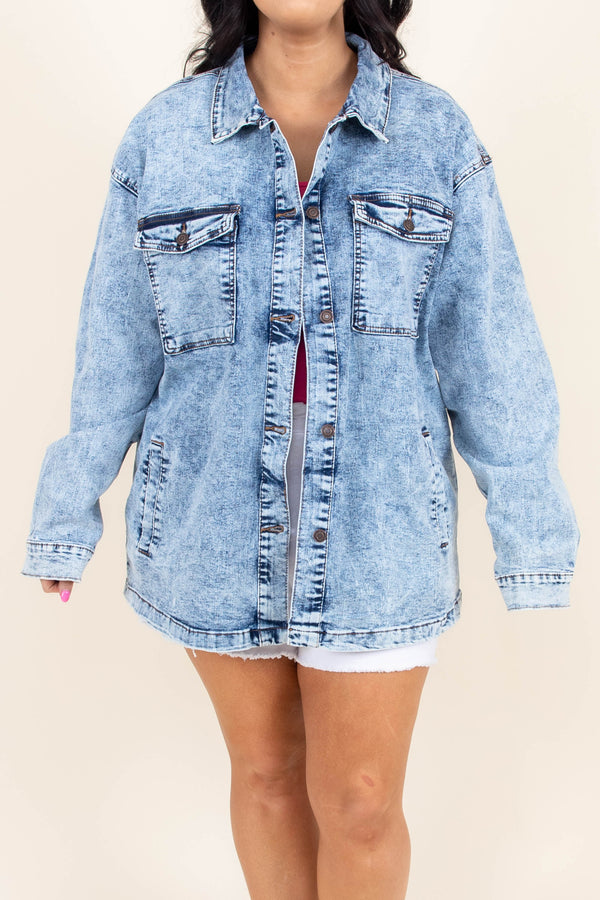 Chic Soul plus size clothing, acid wash blue denim jacket