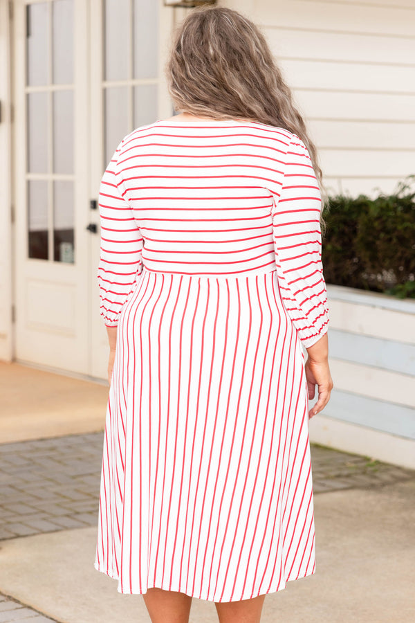 Chic Soul plus size clothing, ivory and coral stripped three quarter sleeve midi dress