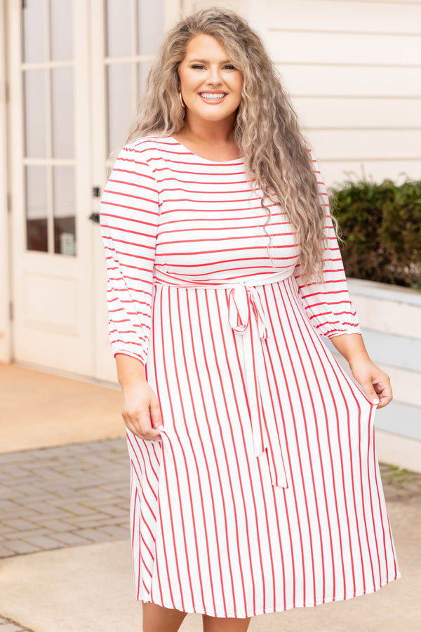Chic Soul plus size clothing, ivory and coral stripped three quarter sleeve midi dress