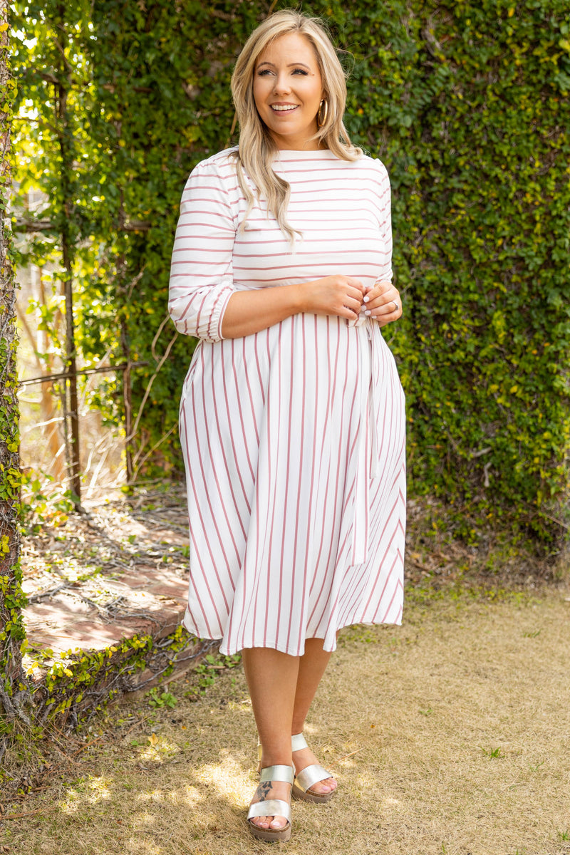 Maternity Striped 3/4 Sleeved Midi Dress