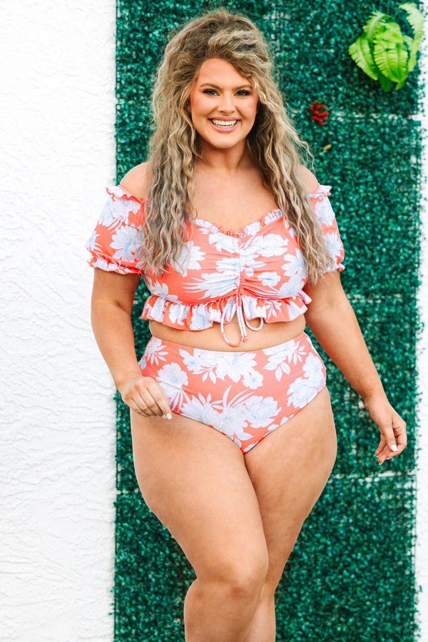 Chic Soul plus size clothing, orange swim top with floral print