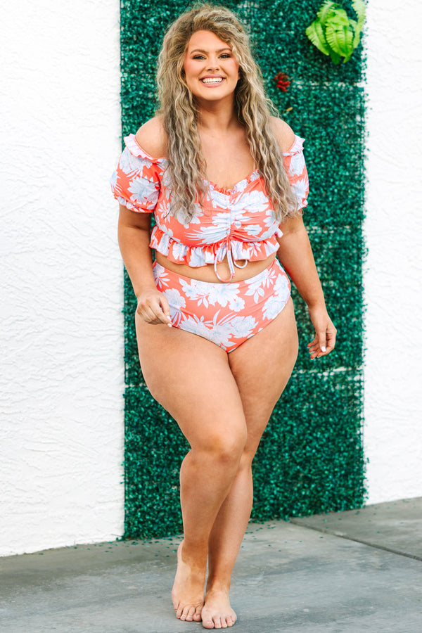 Chic Soul plus size clothing, orange swim top with floral print