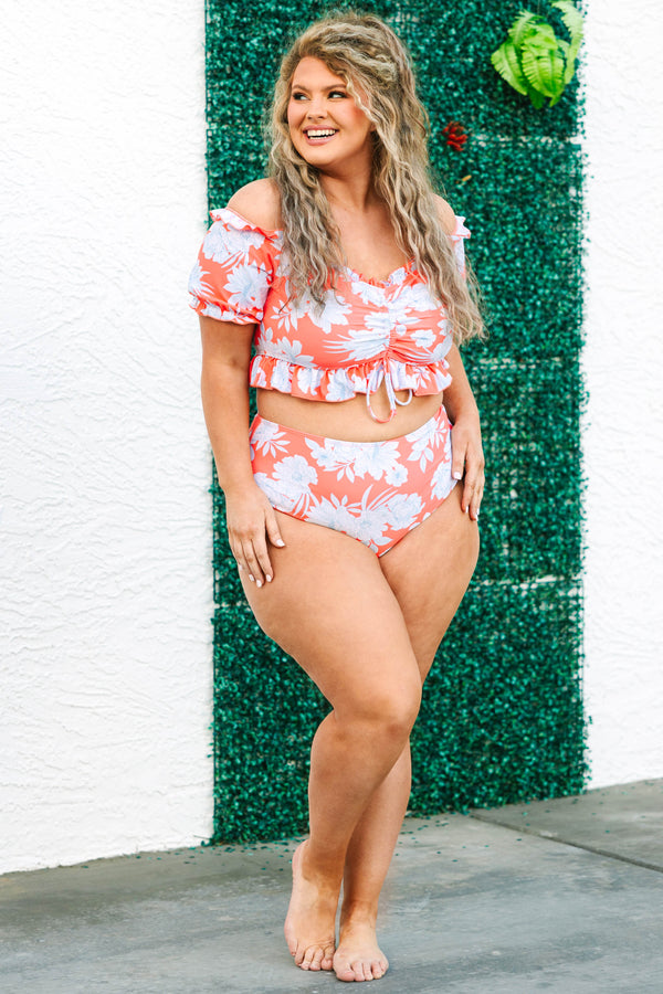 Chic Soul plus size clothing, orange swim top with floral print