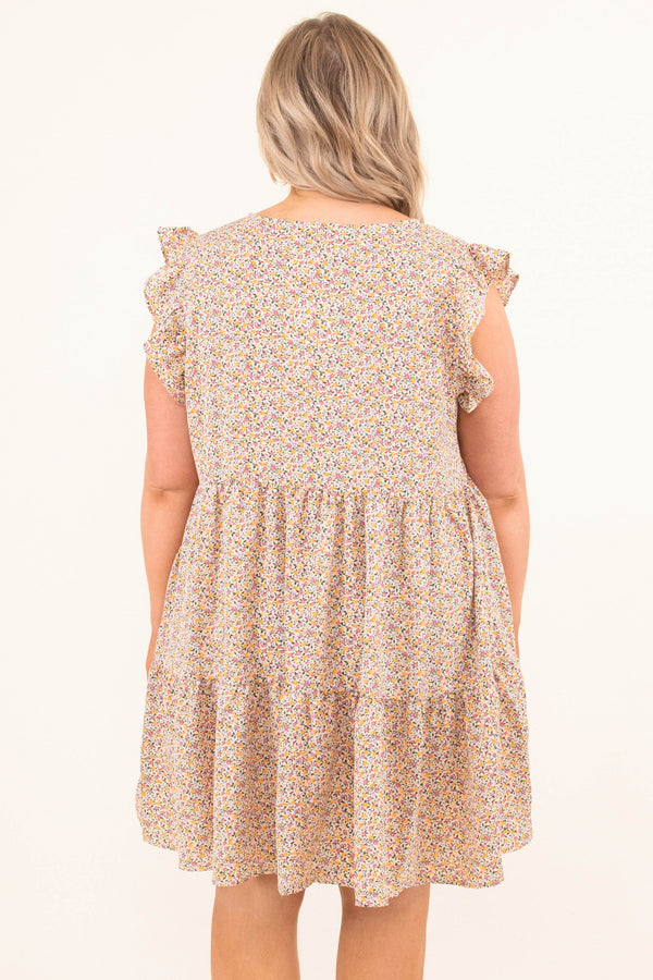 Chic Soul plus size clothing, blush pink floral pattern baby doll dress with short flutter sleeves