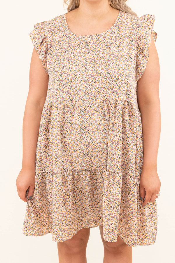 Chic Soul plus size clothing, blush pink floral pattern baby doll dress with short flutter sleeves