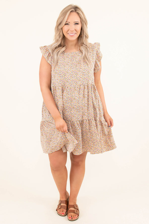 Chic Soul plus size clothing, blush pink floral pattern baby doll dress with short flutter sleeves