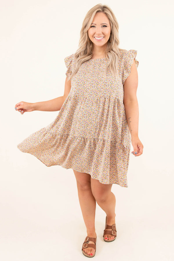 Chic Soul plus size clothing, blush pink floral pattern baby doll dress with short flutter sleeves