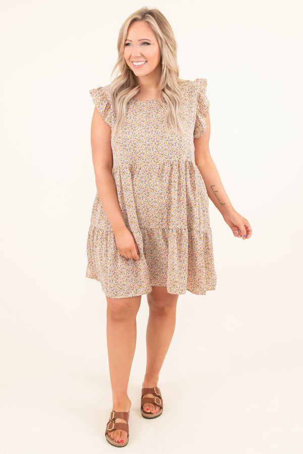 Chic Soul plus size clothing, blush pink floral pattern baby doll dress with short flutter sleeves