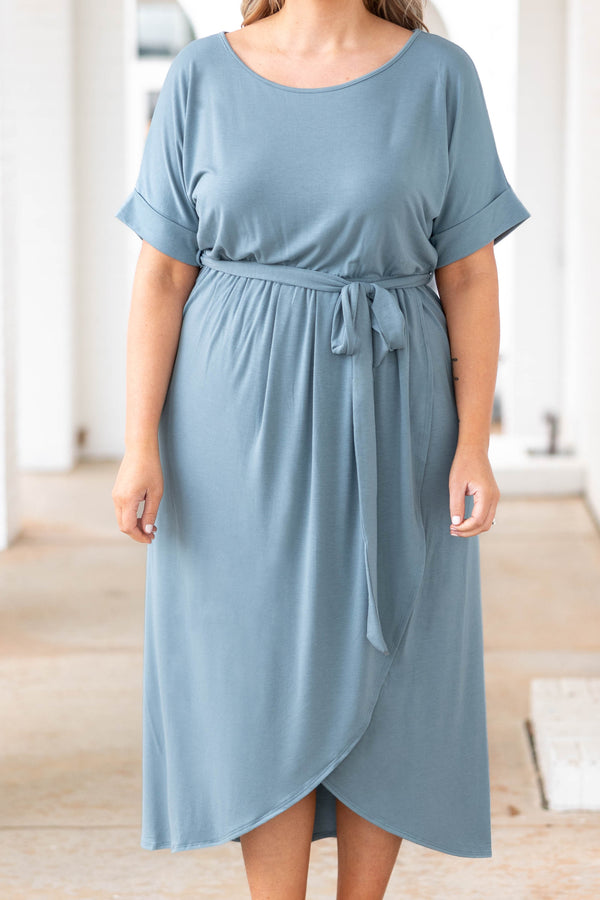 Chic Soul plus size clothing, blue gray dress with crossover hemline and tie at the waist