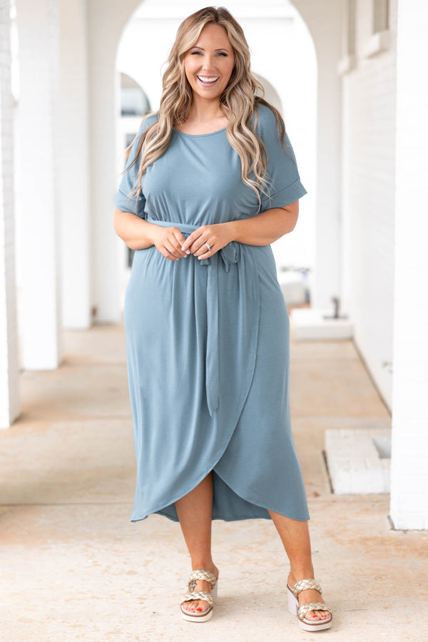 Chic Soul plus size clothing, blue gray dress with crossover hemline and tie at the waist