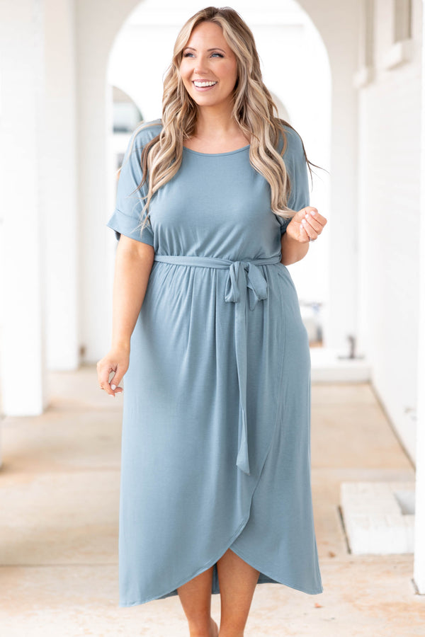 Chic Soul plus size clothing, blue gray dress with crossover hemline and tie at the waist