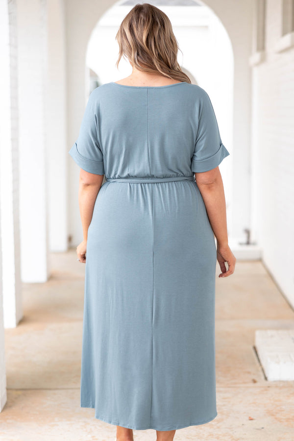 Chic Soul plus size clothing, blue gray dress with crossover hemline and tie at the waist
