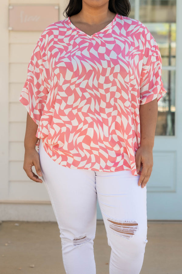 Chic Soul plus size clothing, pink white geometric pattern flowy top