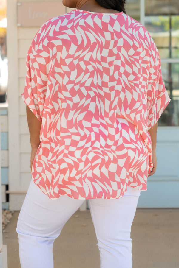 Chic Soul plus size clothing, pink white geometric pattern flowy top