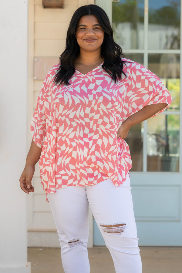 Chic Soul plus size clothing, pink white geometric pattern flowy top
