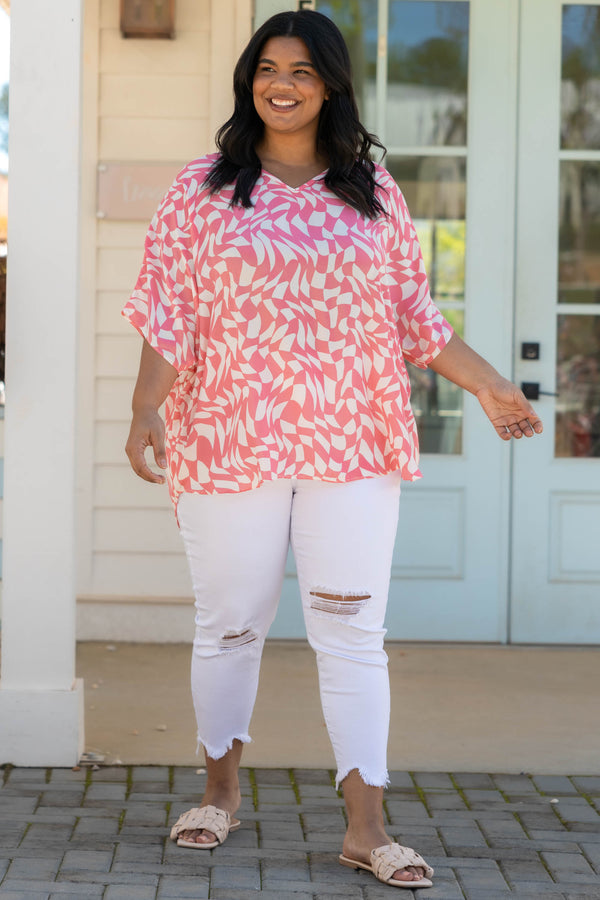 Chic Soul plus size clothing, pink white geometric pattern flowy top
