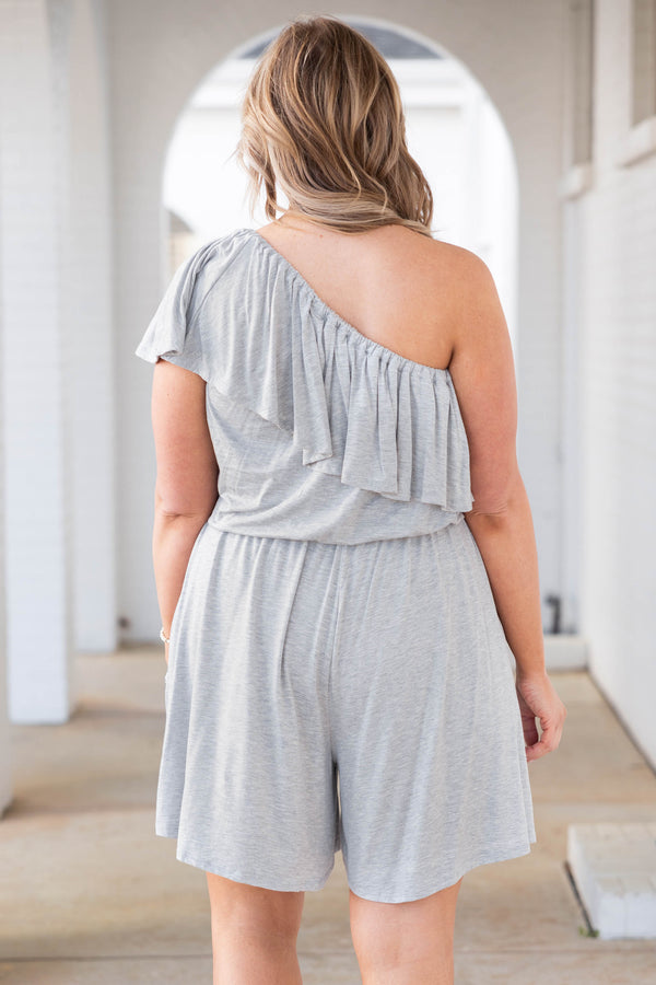 Chic Soul plus size clothing, heather grey one shoulder romper with ruffles