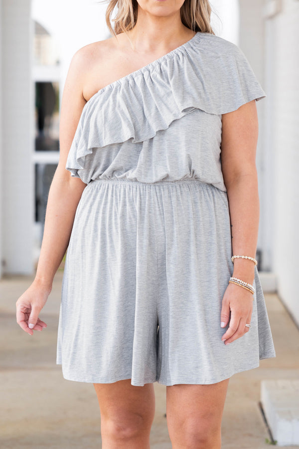 Chic Soul plus size clothing, heather grey one shoulder romper with ruffles