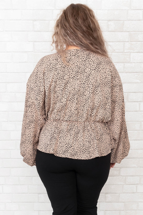 Chic Soul plus size clothing, tan leopard print long bubble sleeve baby doll top 
