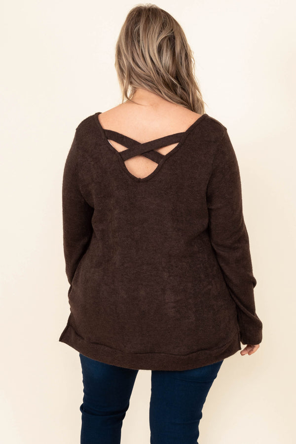 Chic Soul plus size clothing, brown long sleeve top with criss cross back