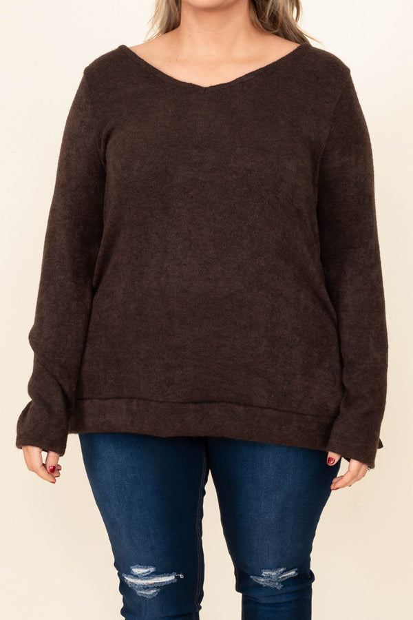 Chic Soul plus size clothing, brown long sleeve top with criss cross back