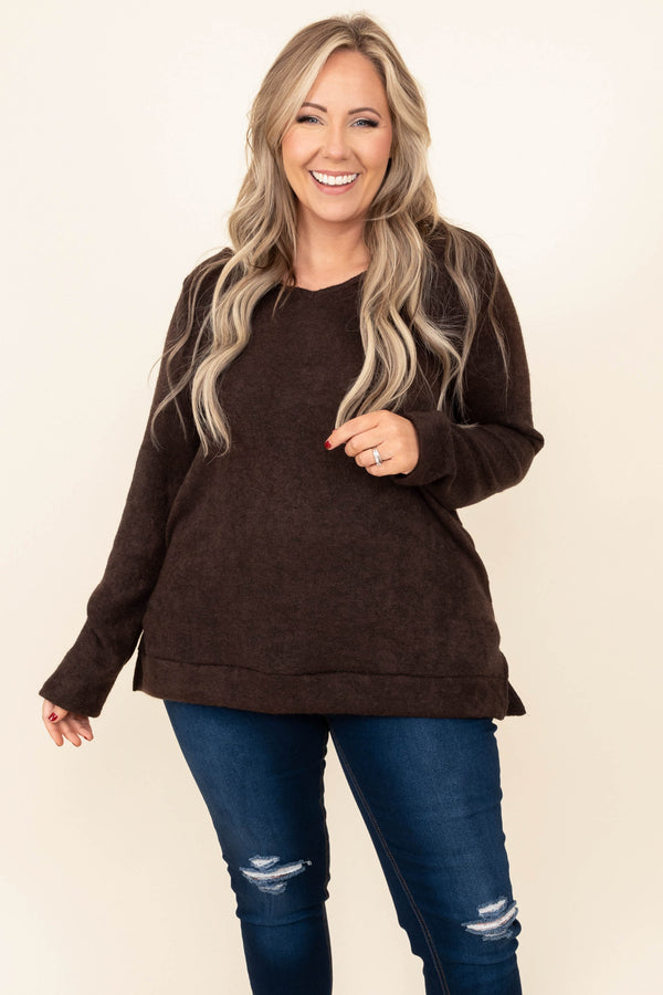 Chic Soul plus size clothing, brown long sleeve top with criss cross back