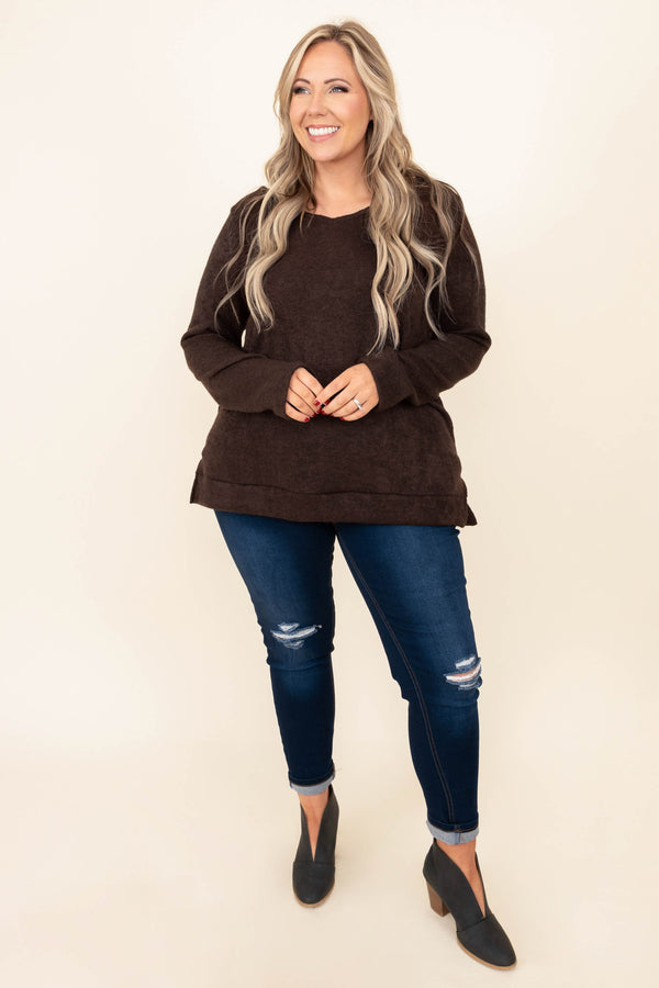 Chic Soul plus size clothing, brown long sleeve top with criss cross back