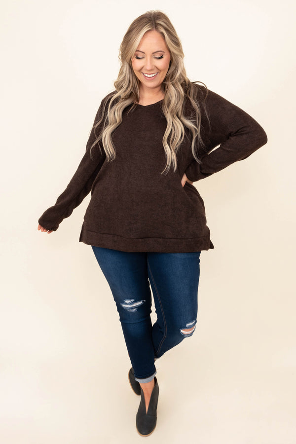 Chic Soul plus size clothing, brown long sleeve top with criss cross back