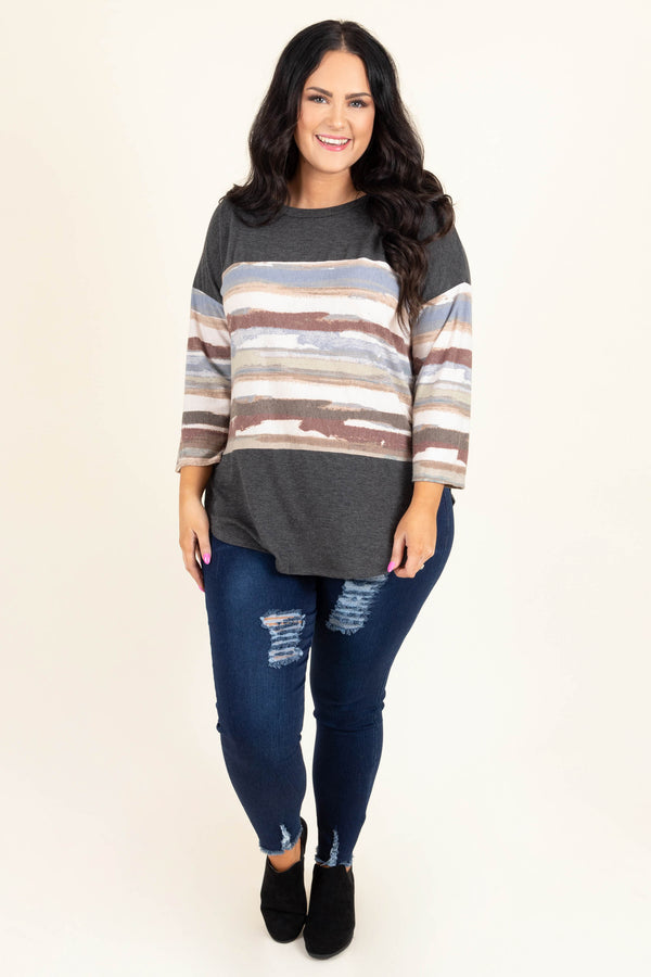 Chic Soul plus size clothing, charcoal quater sleeve top with mutli color pattern