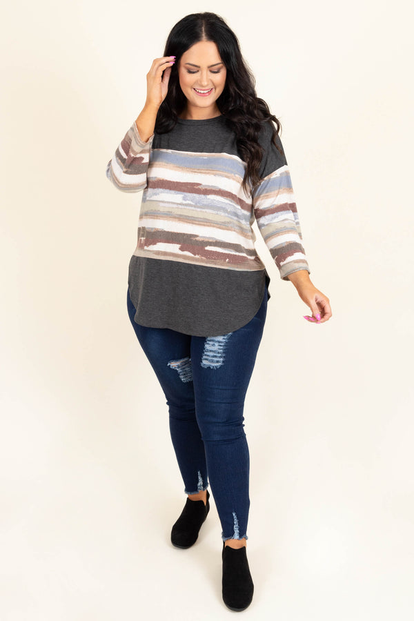 Chic Soul plus size clothing, charcoal quater sleeve top with mutli color pattern
