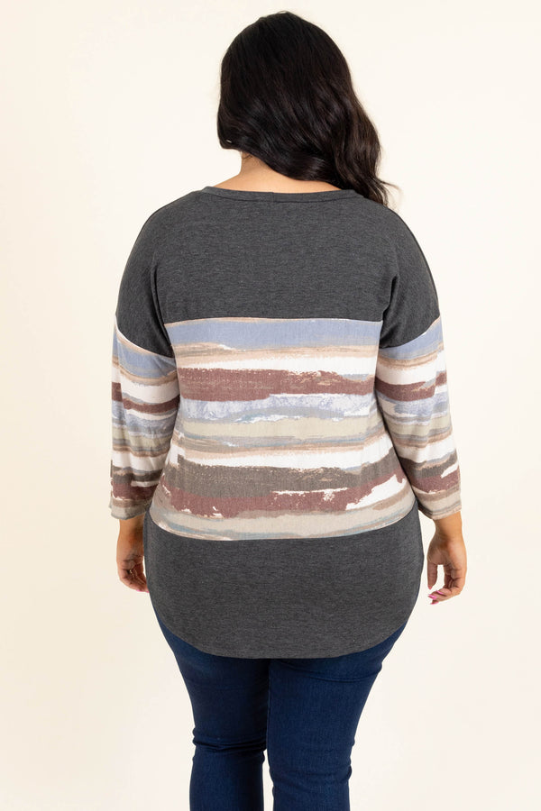 Chic Soul plus size clothing, charcoal quater sleeve top with mutli color pattern
