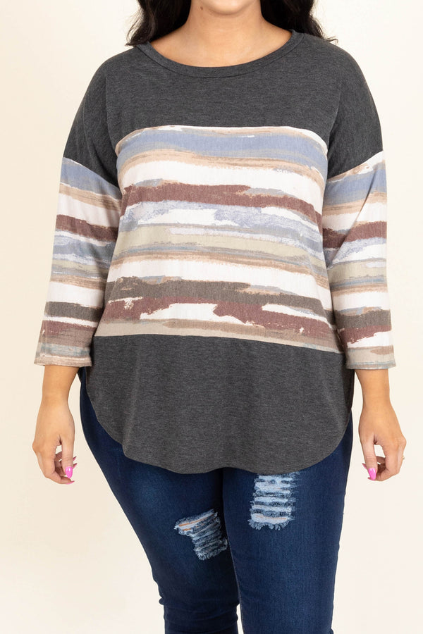 Chic Soul plus size clothing, charcoal quater sleeve top with mutli color pattern