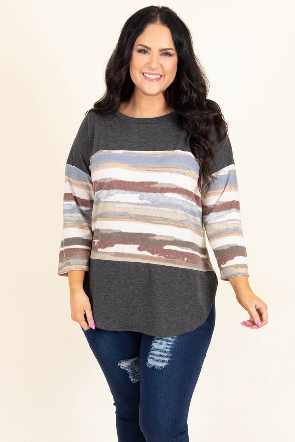 Chic Soul plus size clothing, charcoal quater sleeve top with mutli color pattern