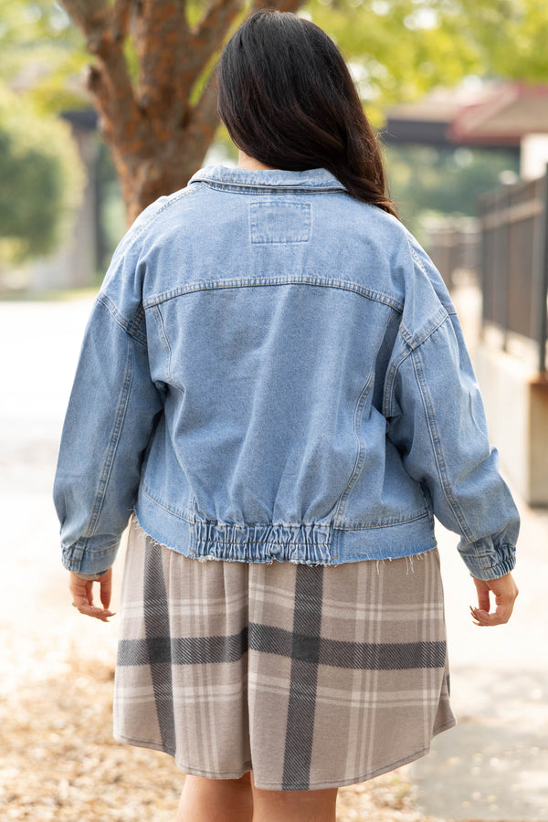 Chic Soul plus size clothing, medium wash distressed denim jacket 
