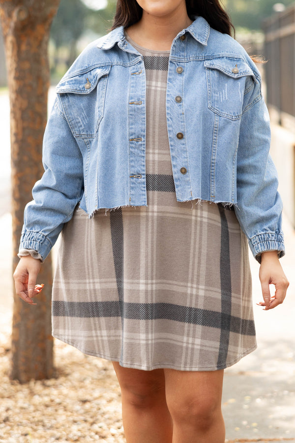 Chic Soul plus size clothing, medium wash distressed denim jacket 