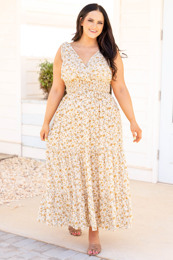 Chic Soul plus size clothing, ivory floral short flutter sleeves maxi dress