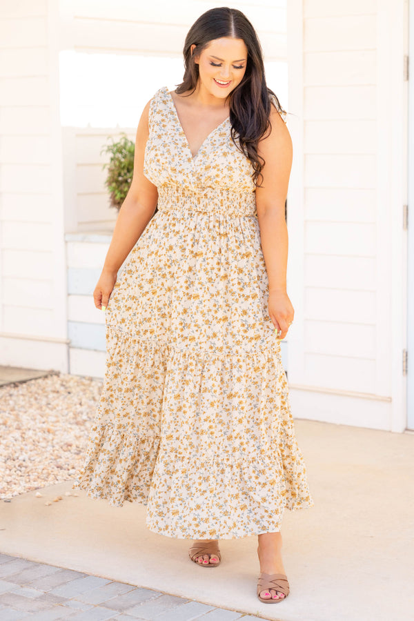 Chic Soul plus size clothing, ivory floral short flutter sleeves maxi dress