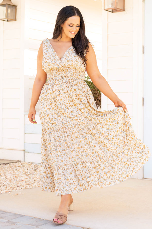Chic Soul plus size clothing, ivory floral short flutter sleeves maxi dress