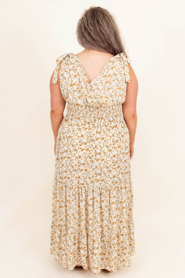 Chic Soul plus size clothing, ivory floral short flutter sleeves maxi dress