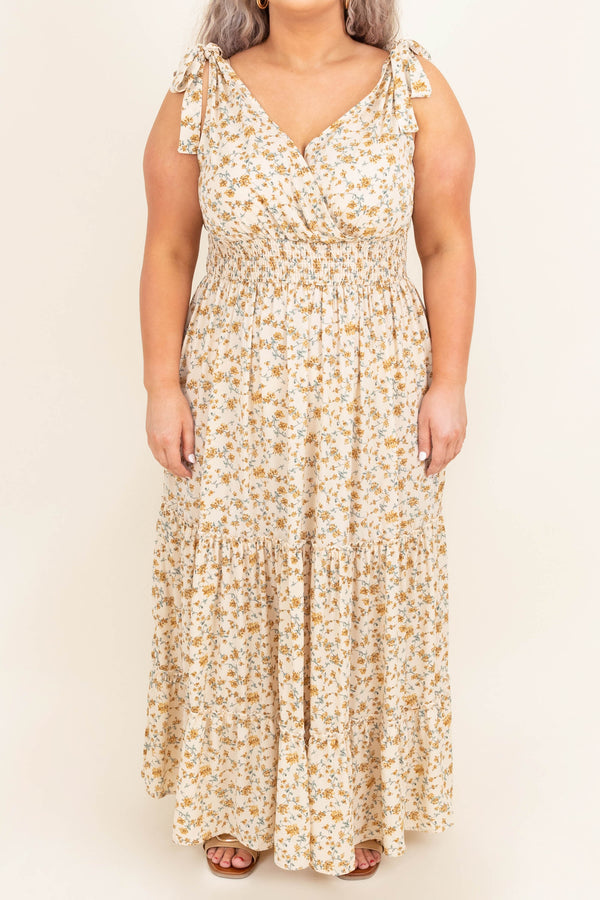 Chic Soul plus size clothing, ivory floral short flutter sleeves maxi dress