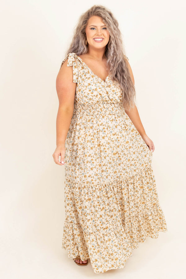 Chic Soul plus size clothing, ivory floral short flutter sleeves maxi dress