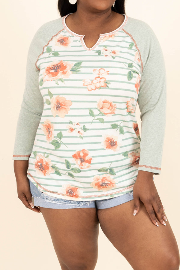 Chic Soul plus size clothing, sage green striped and coral floral pattern top