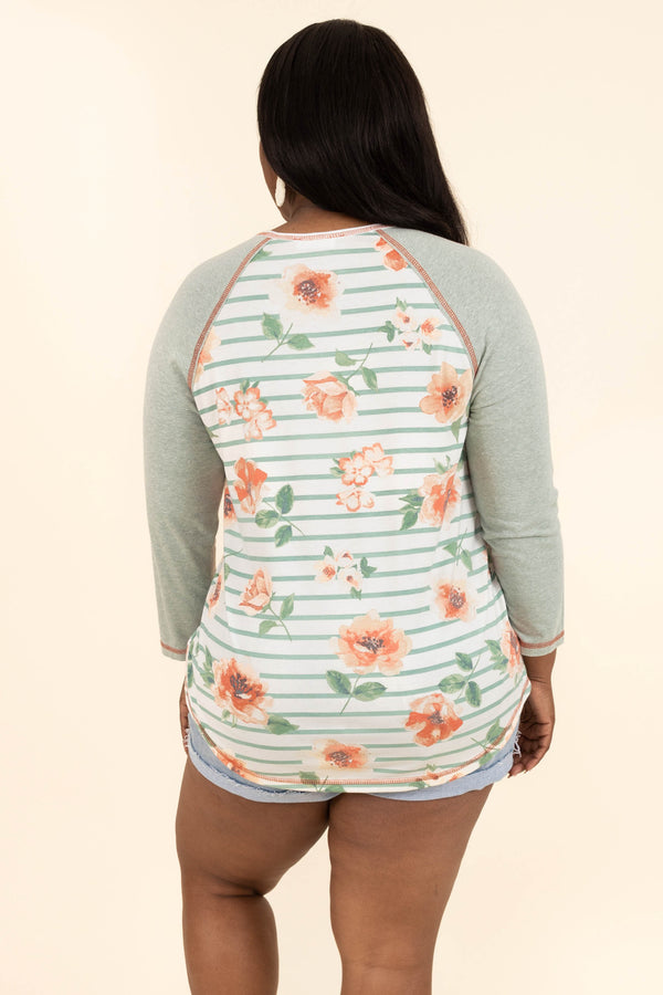 Chic Soul plus size clothing, sage green striped and coral floral pattern top
