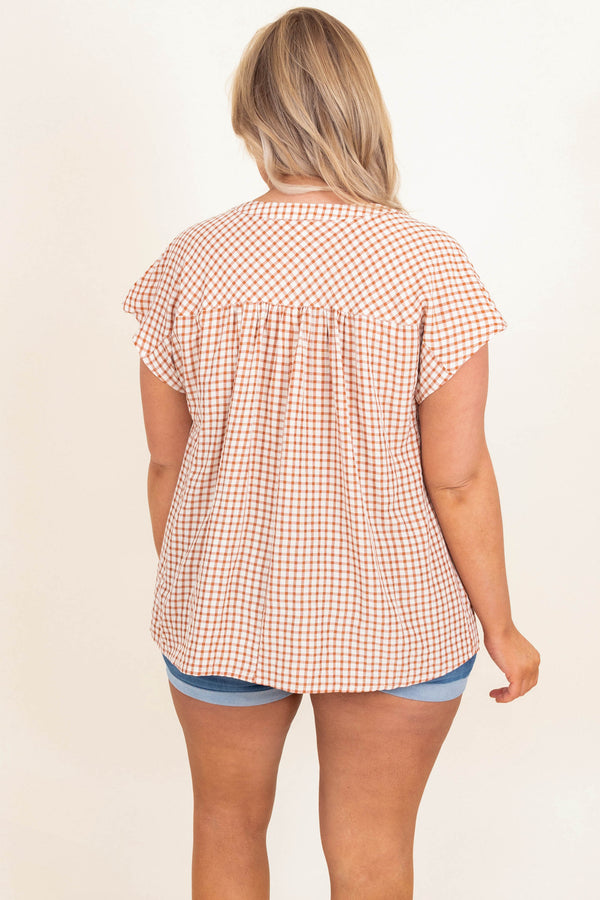 Chic Soul plus size clothing, rust plaid short sleeve casual top