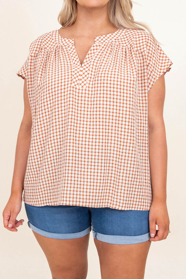Chic Soul plus size clothing, rust plaid short sleeve casual top