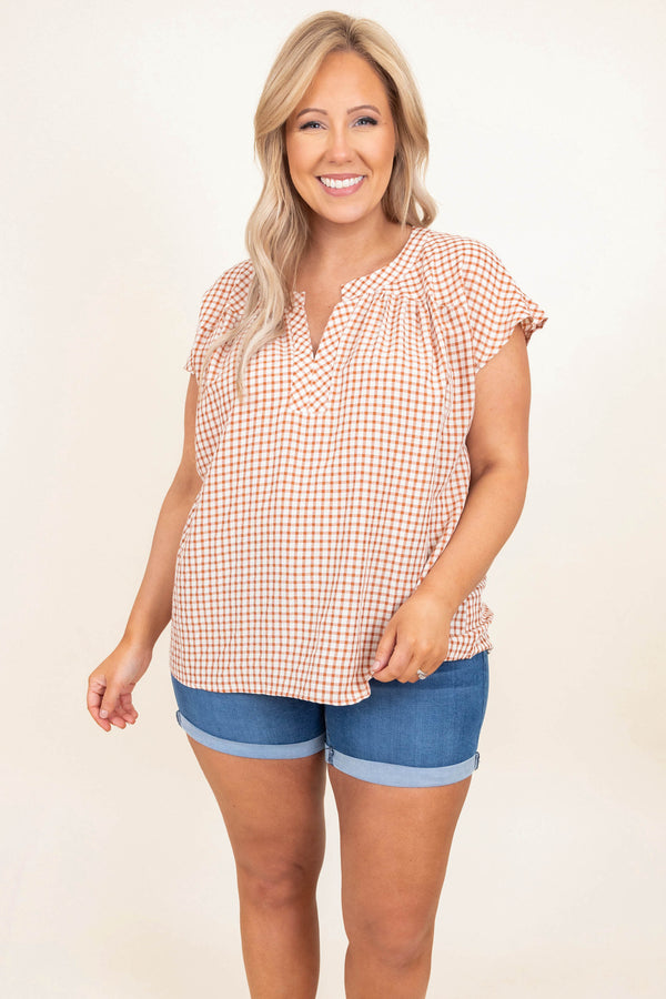 Chic Soul plus size clothing, rust plaid short sleeve casual top