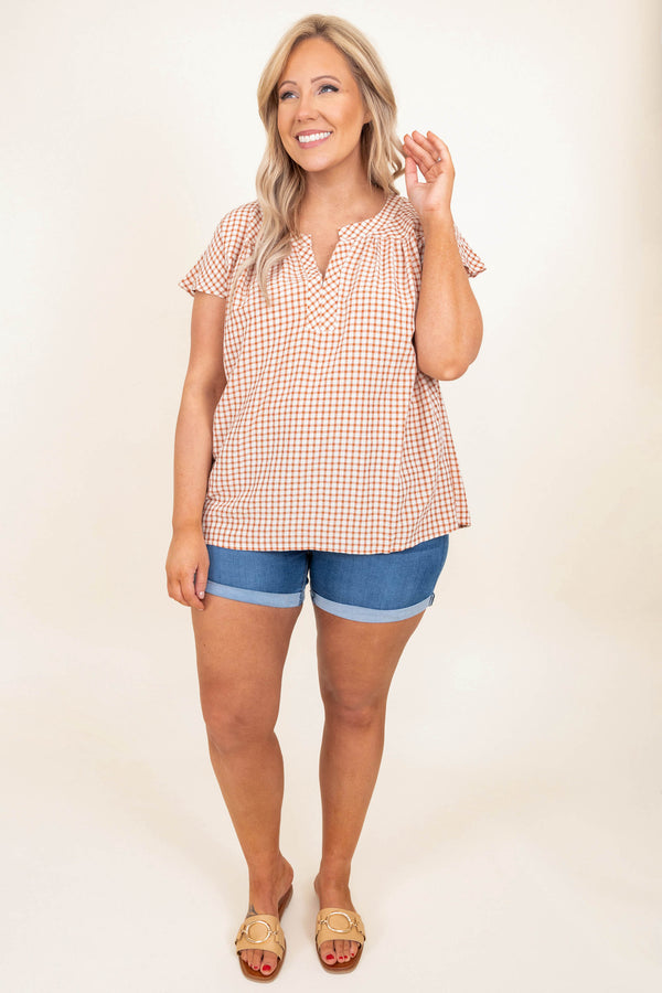 Chic Soul plus size clothing, rust plaid short sleeve casual top