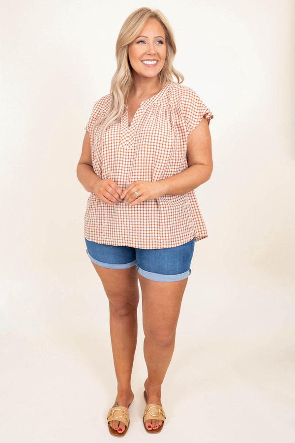 Chic Soul plus size clothing, rust plaid short sleeve casual top